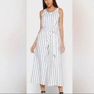 NWT Banana Republic white/black striped linen blend wide pant jumpsuit Small